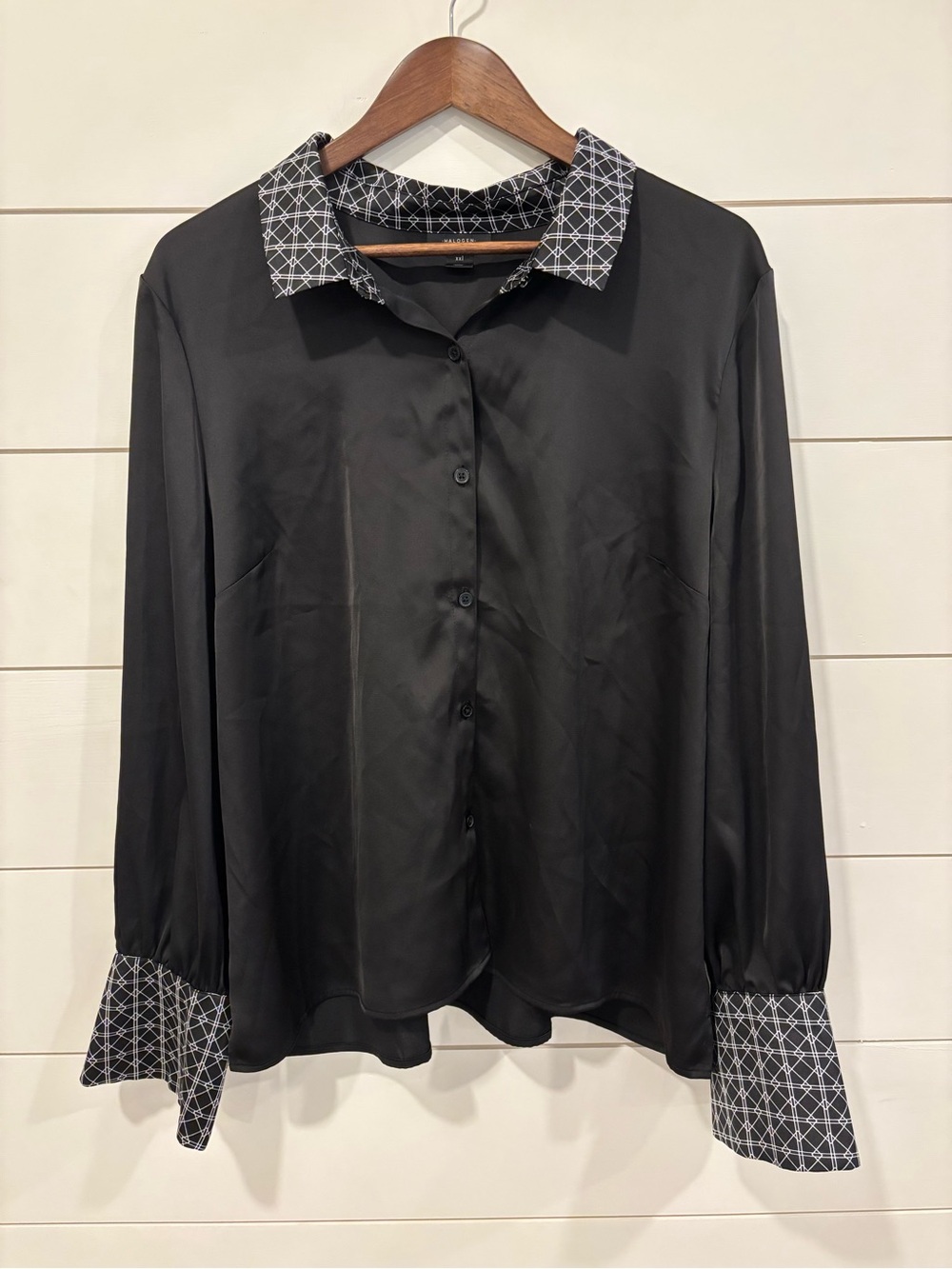 Halogen Black Button-Front Blouse with Geometric Trim NWOT Size XXL